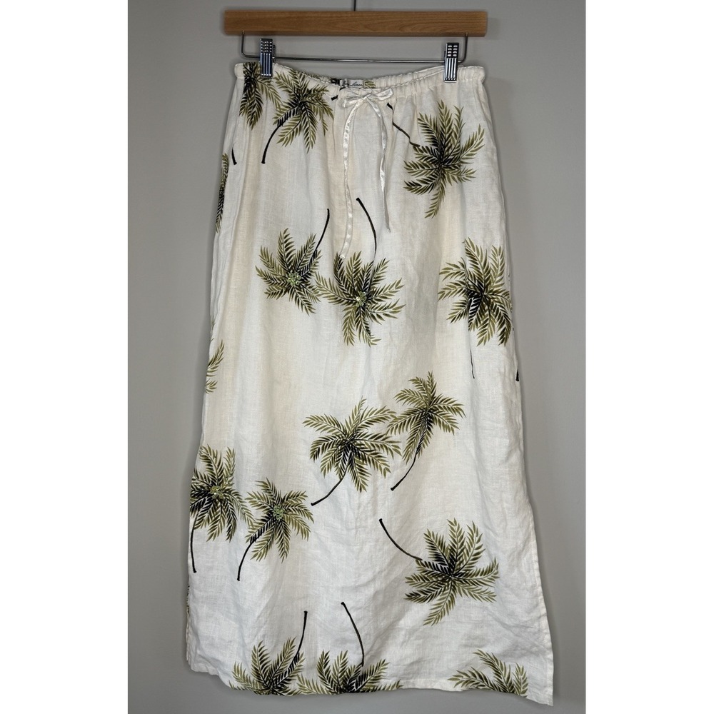 VTG 100% Linen Palm Tree Maxi Skirt Small Tropical‎ Resort Beach Coastal Hawaii